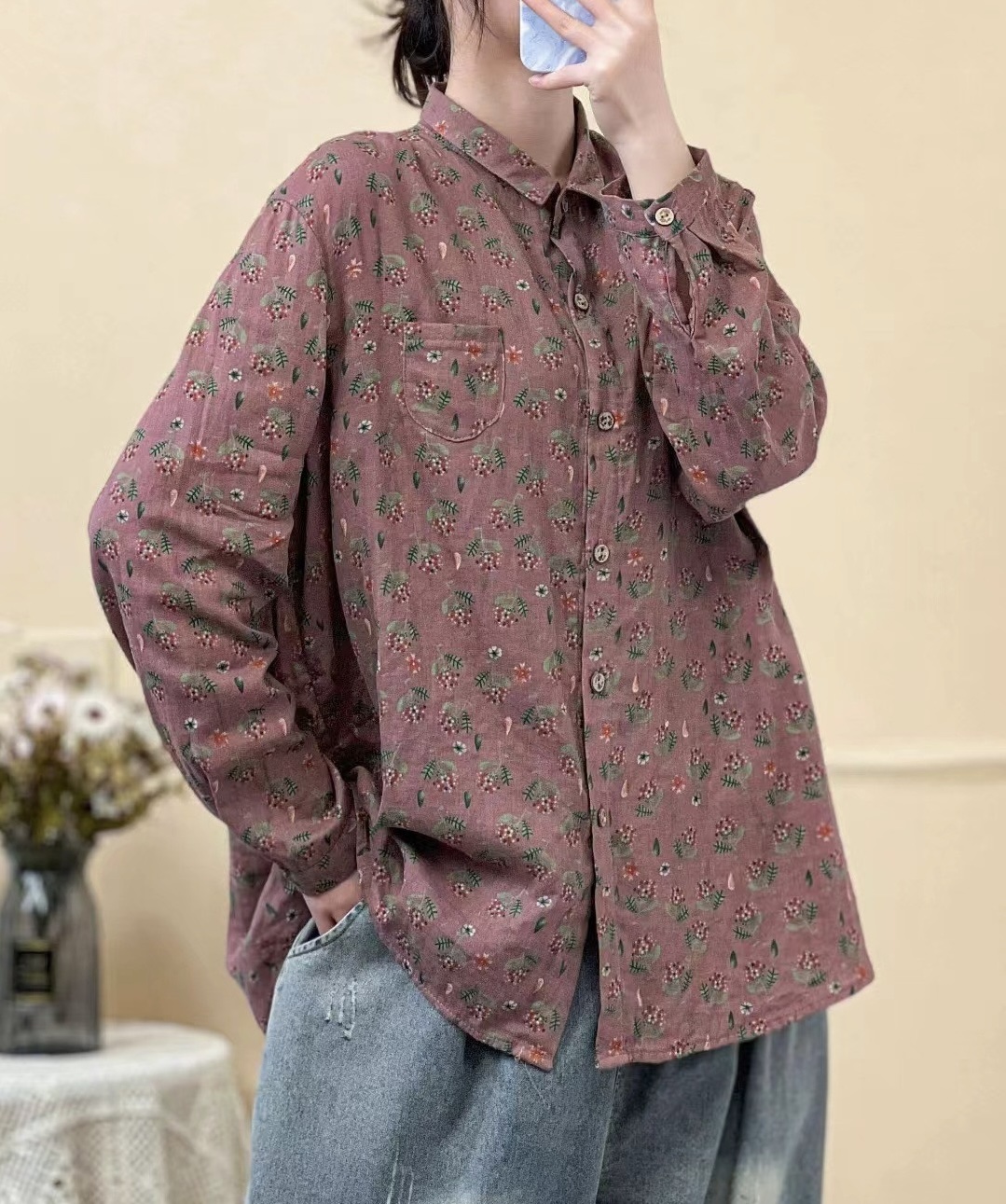 เสื้อเชิ้ตผ้าฝ้ายลายดอกไม้