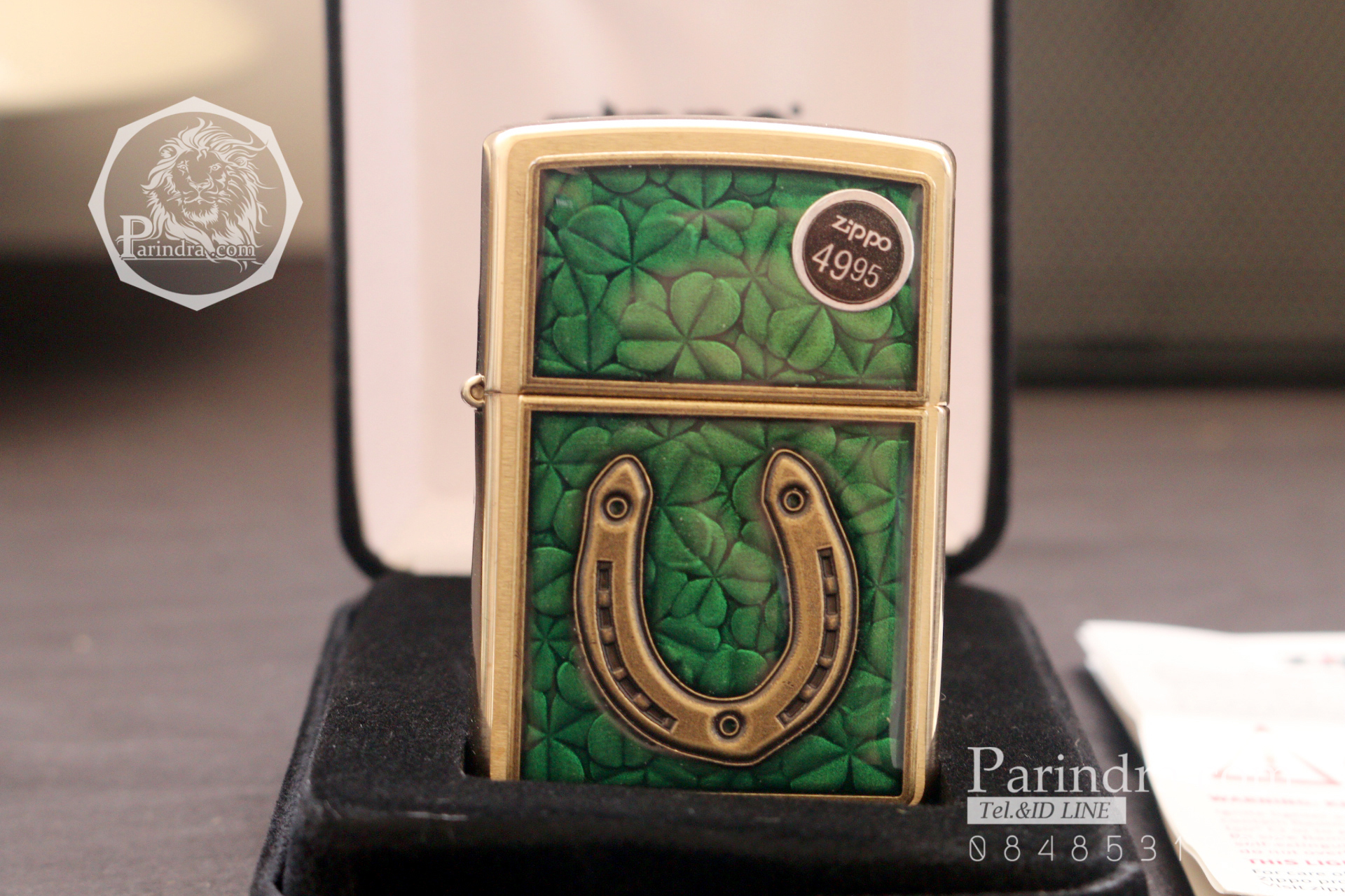 ไฟแช็ค Zippo แท้ "Zippo 29243, Horseshoe & Clovers Emblem, Brushed Brass Finish " แท้นำเข้า 100%