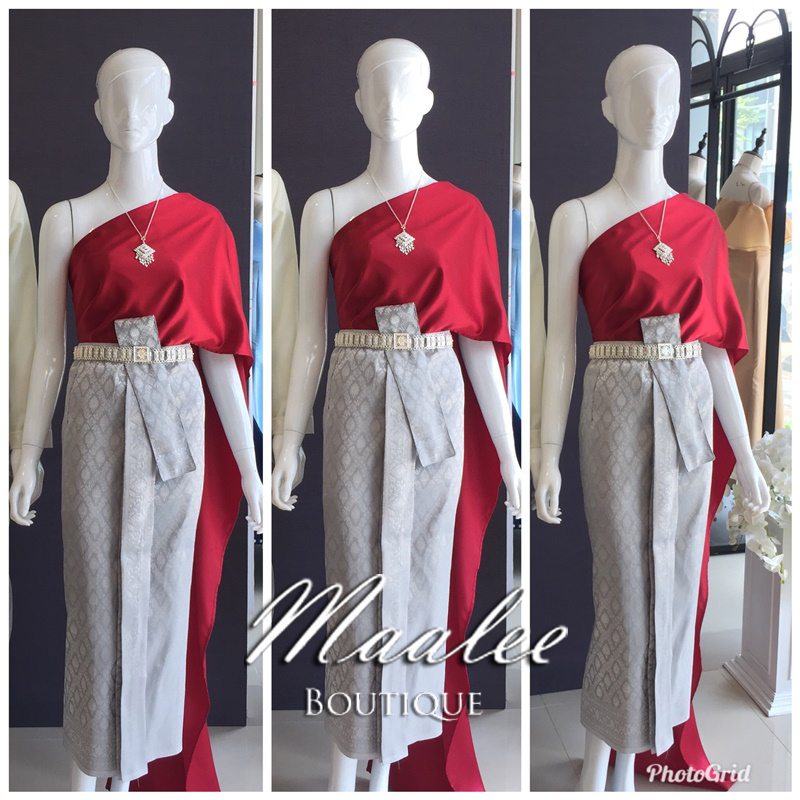 เช่า ชุดไทย ชุดเพื่อนเจ้าสาว ชุดไทยผ้าถุงสีเทาเงิน สไบเรียบ สีแดง