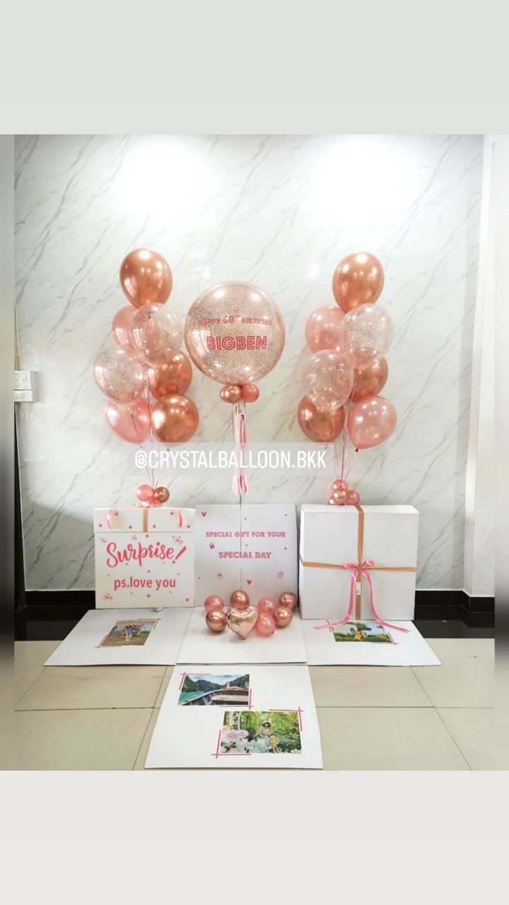 Happy Birthday Surprised Box กล่องเซอร์ไพรส์วันเกิด Bubble 24" พร้อมตกแต่ง ช่อลูกโป่ง 2 ช่อ,ลูกโป่งใสใส่กลิตเตอร์ สามารถใส่รูปได้ 4 ใบ สามารถเปลี่ยนสีลูกโป่ง/เปลี่ยนข้อความได้