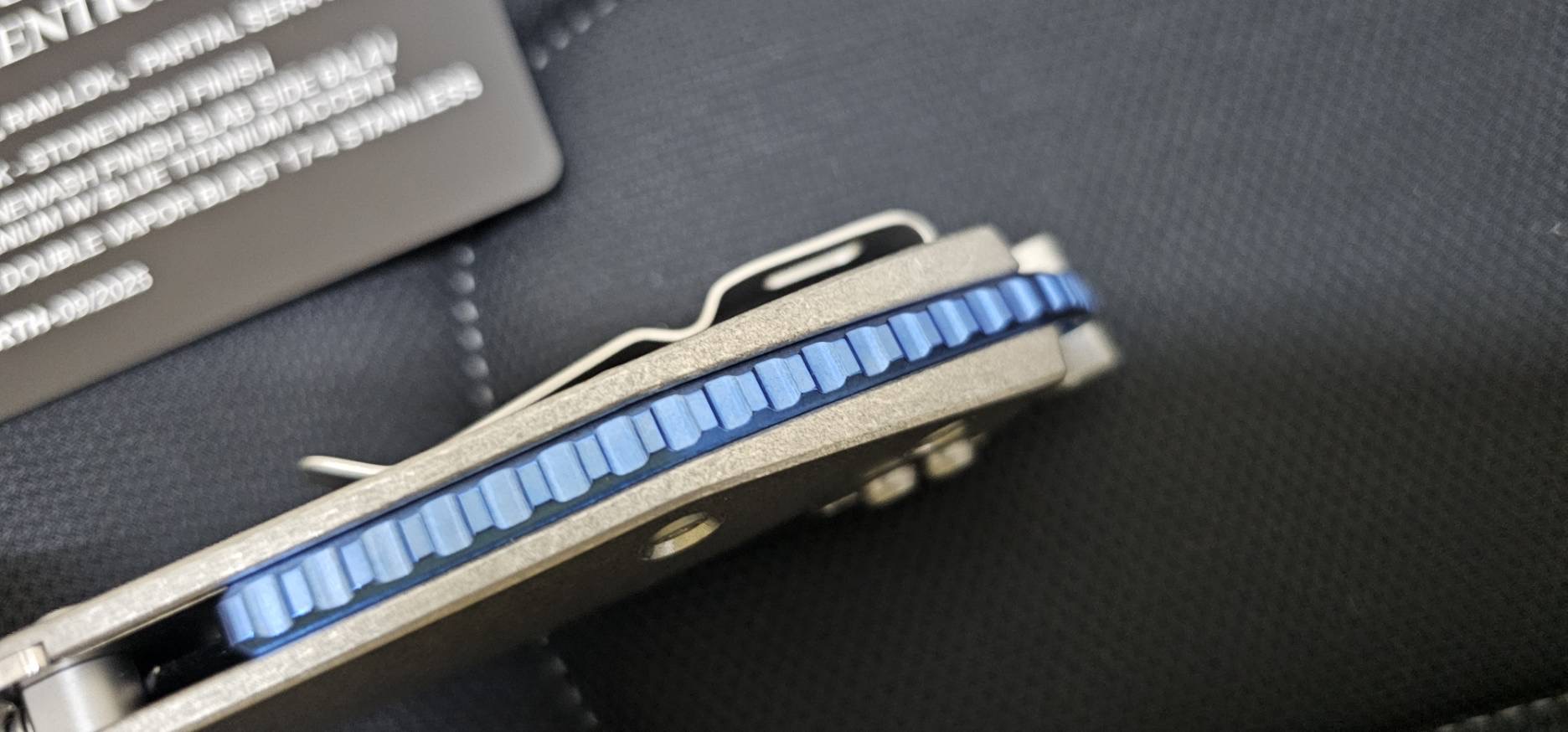 Microtech Stitch Ram-Lok S/E - Stonewashed Titanium - Stonewashed Blade - Blue Accents - Marfione Select