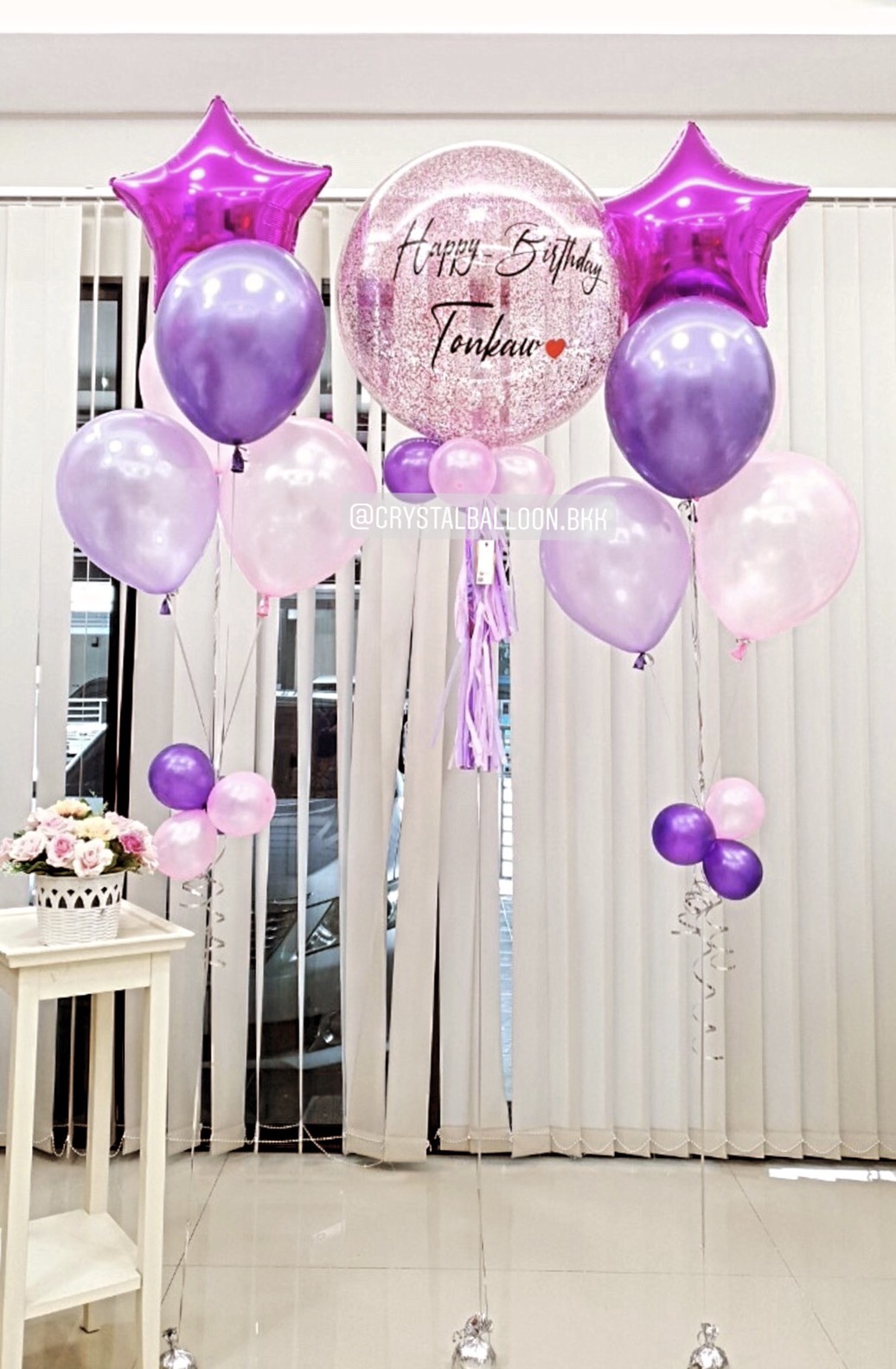 ลูกโป่ง วันเกิด Bubble ขนาด 24" Theme สีม่วง-ชมพู พร้อม ช่อลูกโป่งฟอยล์ดาว ขนาด 24" ช่อ 5 ลูก 2 ช่อ พร้อมตกเเต่ง สามารถเปลี่ยนสีลูกโป่ง/เปลี่ยนข้อความ/เปลี่ยนขนาดได้