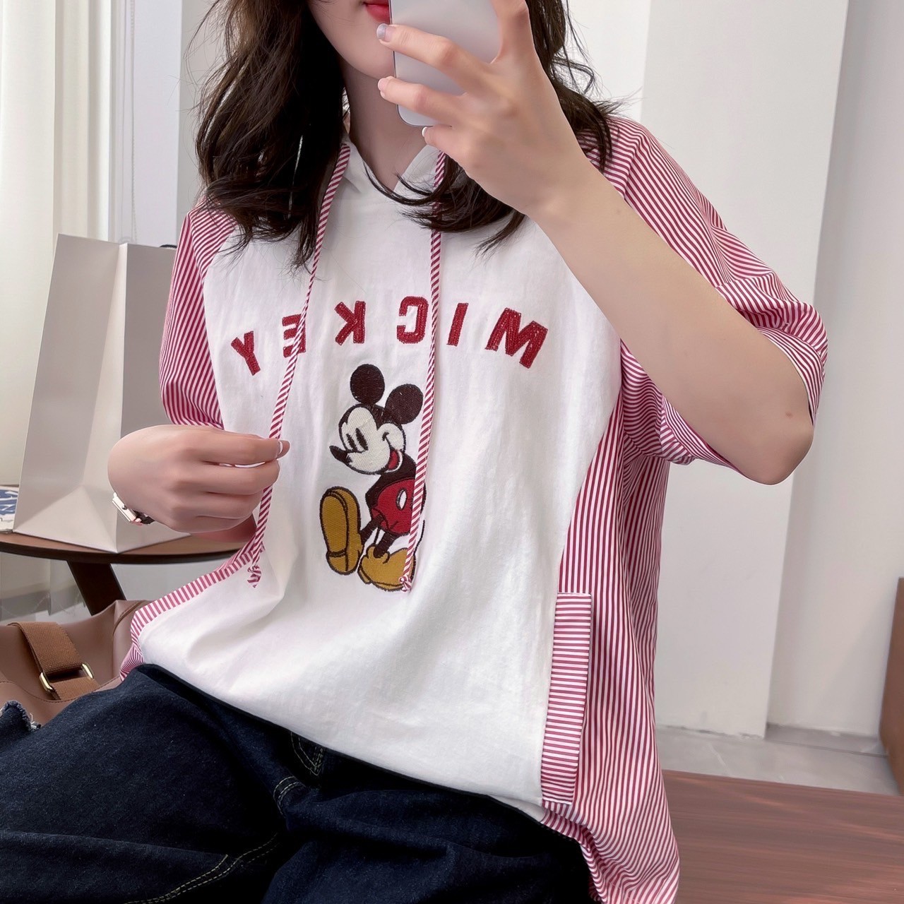 เสื้อยืดลายปักลายมิกกี้มีฮู้ด