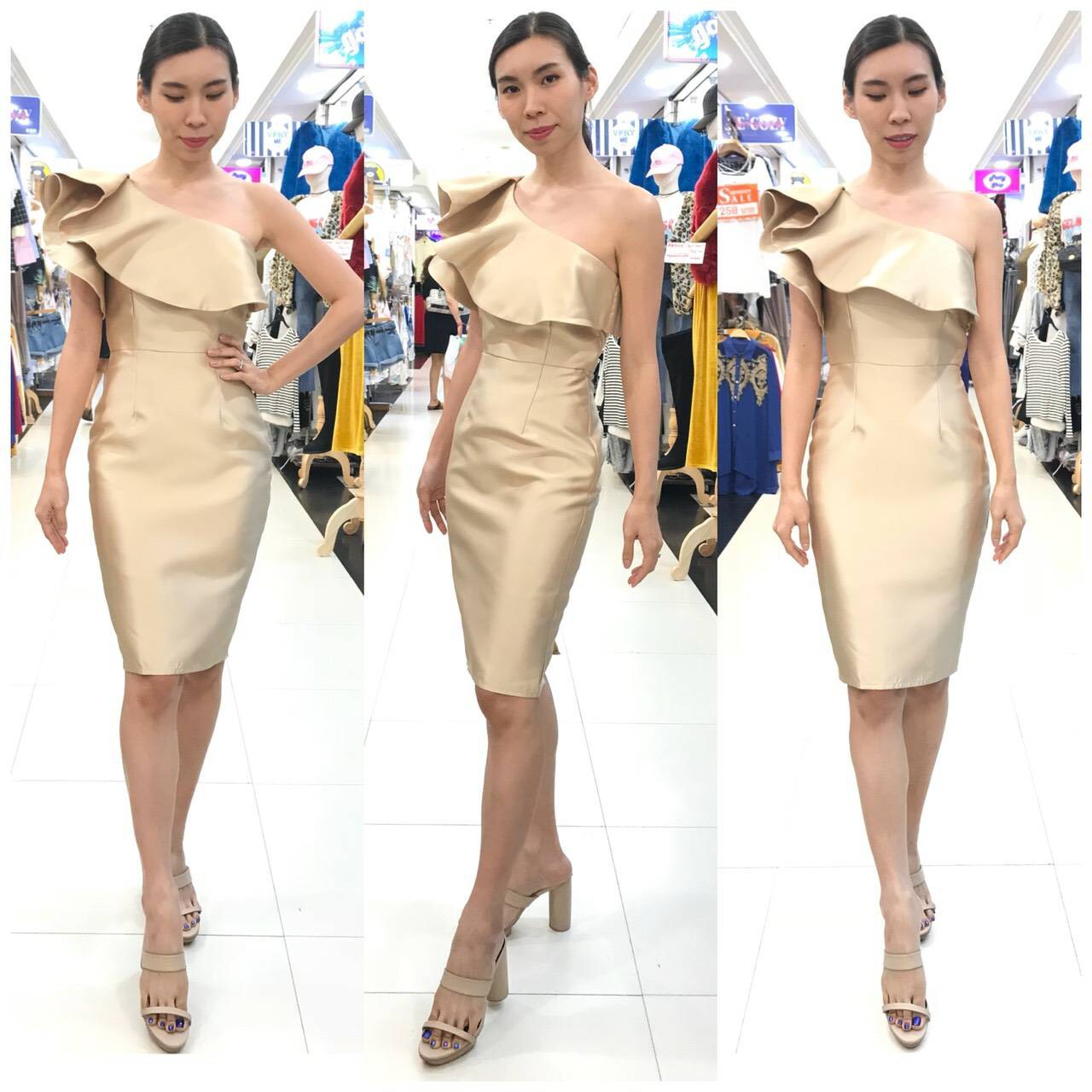 พร้อมเช่า ราตรีสั้น ไหล่เดียว ชุดเดรสเดรสเนื้อไหม ทรงเข้ารูป แต่งระบาย สีทอง
