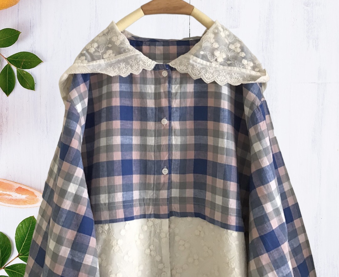 เสื้อ/เสื้อคลุมผ้าฝ้ายลายสก็อตแต่งฮู้ดผ้าลูกไม้
