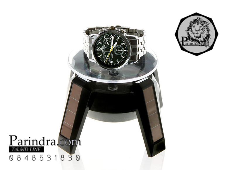 แท่นโชว์สินค้าแบบหมุน จานหมุน แท่นหมุน ถาดหมุน พลังงานแสงอาทิตย์ และใส่แบตเตอรี่ได้ ดีไซน์คล้ายขายานอวกาศ สีดำ