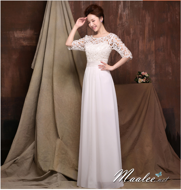 พร้อมส่ง ชุดราตรียาว สีขาว แขนสามส่วน ลูกไม้ฉลุ กระโปรงผ้าชีฟอง