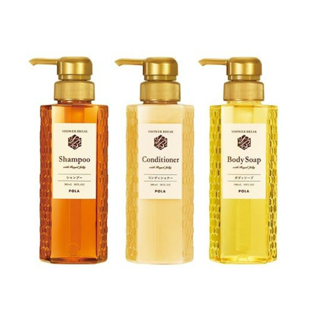 POLA Shower Break with Royal Jelly ทำความสะอาดพร้อมดูแลผิวและผมแบบครบจบ แชมพู / ครีมนวด / ครีมอาบน้ำ 280 ml.