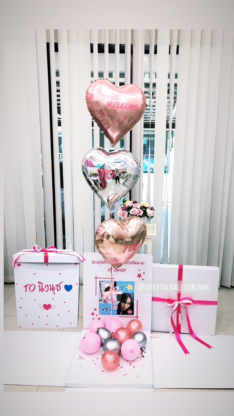 Surprise Box กล่องเซอร์ไพรส์แสดงความขอบคุณ พร้อมตกแต่ง ฟอยล์หัวใจ ขนาด 18" 3 ชิ้น,สามารถใส่รูปได้ 2 ใบ สามารถเปลี่ยนสีลูกโป่ง/เปลี่ยนข้อความได้