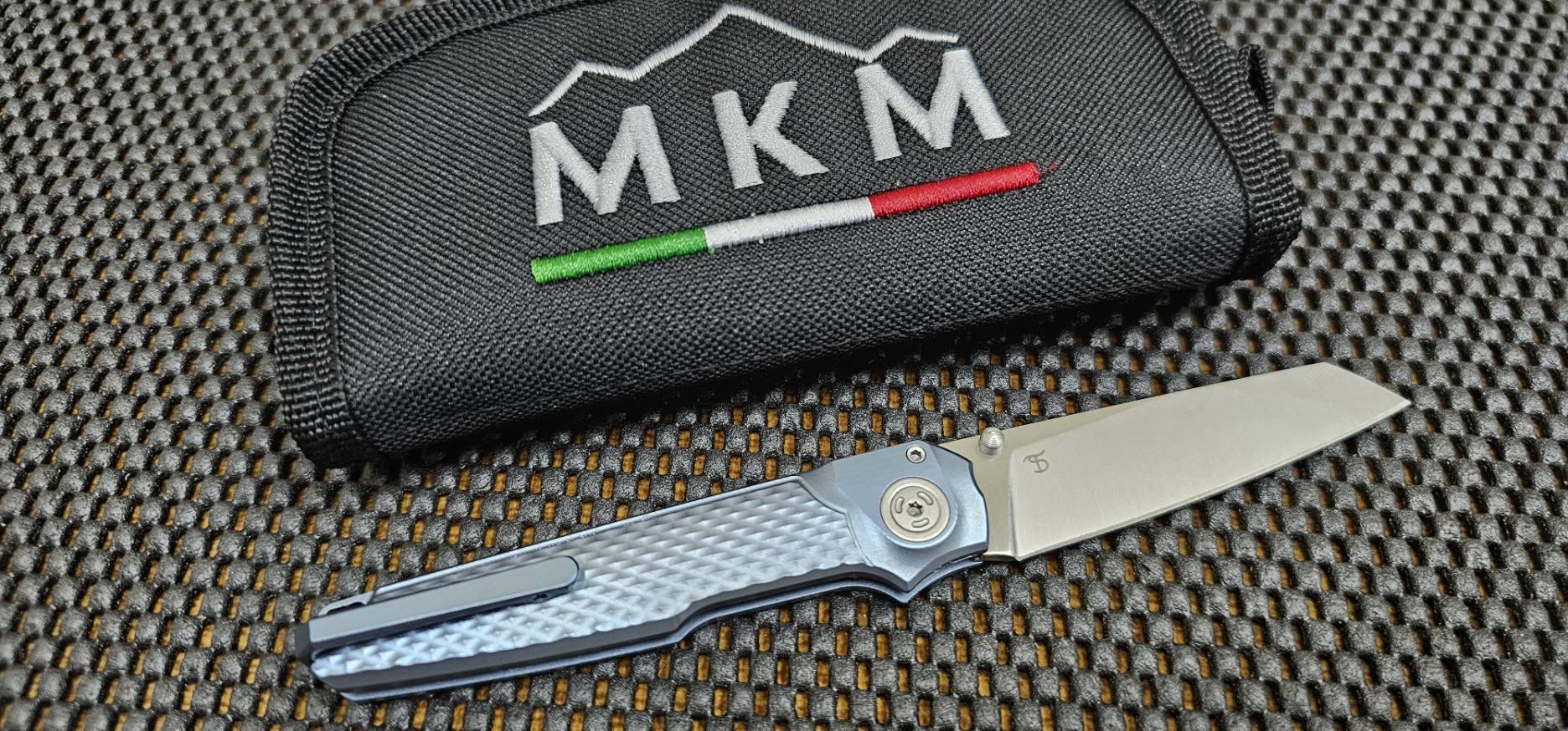 MKM Miura Button Lock Knife Blue Ti (2.72" Satin M390) MK MI-TBL