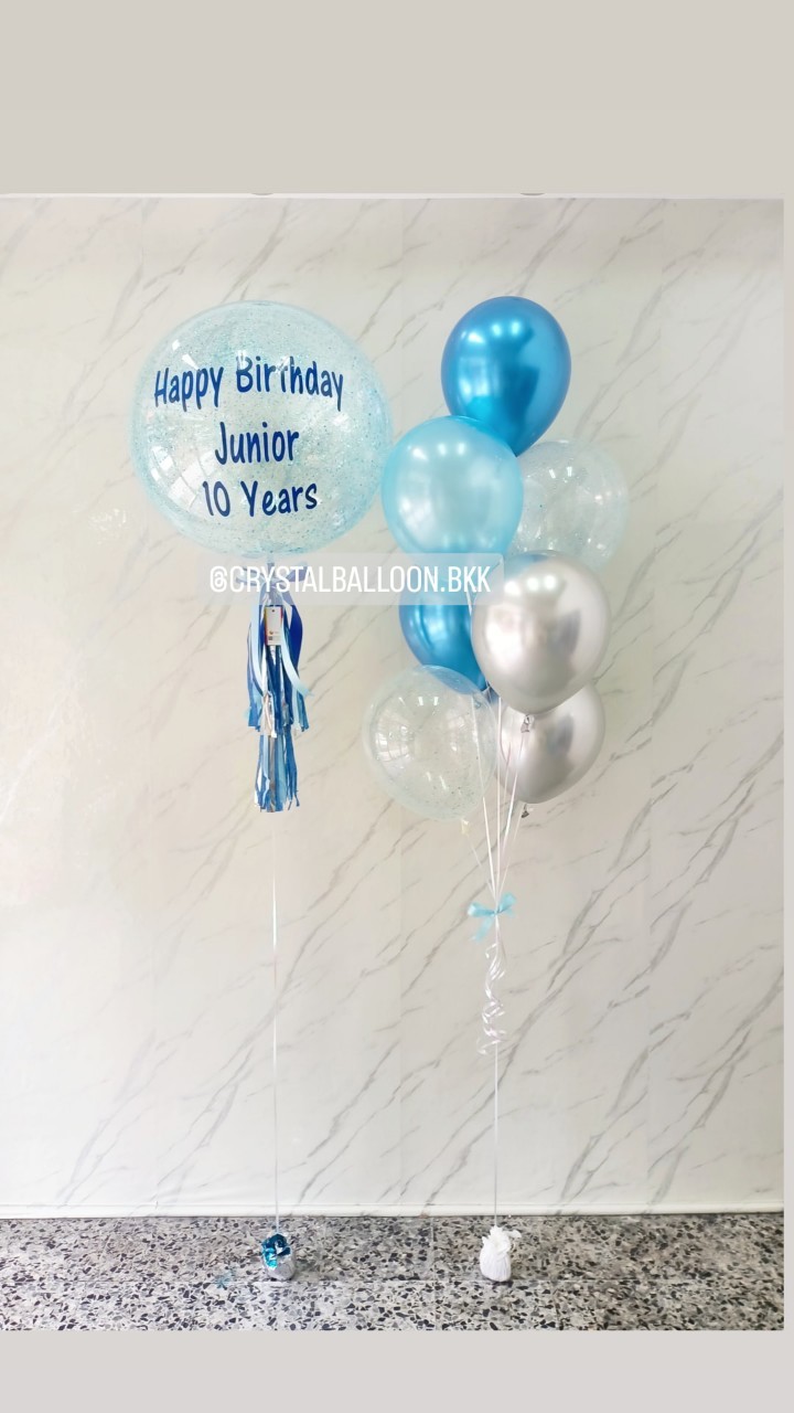 ลูกโป่ง วันเกิดเด็ก Bubble ขนาด 24" กลิตเตอร์สีฟ้ามุก พร้อม ช่อลูกโป่ง ช่อ 7 ลูก 1 ช่อ พร้อมตกเเต่ง สามารถเปลี่ยนสีลูกโป่ง/เปลี่ยนขนาด/เปลี่ยนข้อความได้