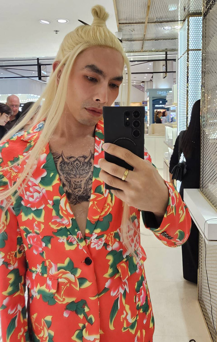 พร้อมเช่า ชุดสูทชาย สูทจีน ลายดอก สีแดง