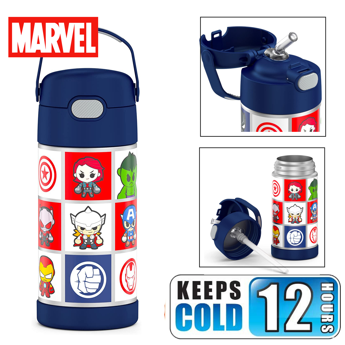 THERMOS FUNTAINER 12 Ounce Stainless Steel Vacuum Insulated Kids Straw Bottle, Avengers