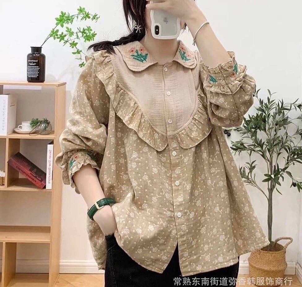 เสื้อผ้าฝ้ายนุ่มลายดอกไม้ลายปักแต่งระบาย