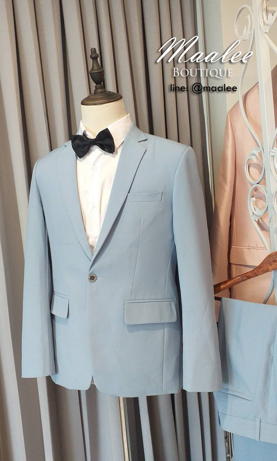 พร้อมเช่า สูทสีฟ้าพาสเทล Dusty Blue สูทเพื่อนเจ้าบ่าว ไม่มีเสื้อกั๊ก
