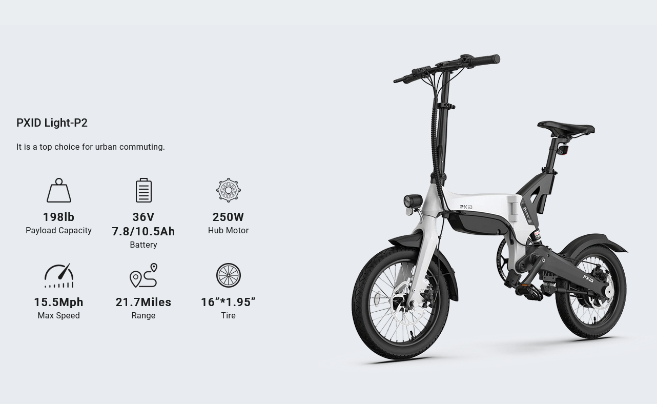 จักรยานพับได้ไฟฟ้า PXID LIGHT P2 วงล้อ 16 นิ้ว มอเตอร์ 250วัตต์ แบต 36V/52.Ah ความเร็ว 25กม/ชม. ไกลสุด 40กม. 2024