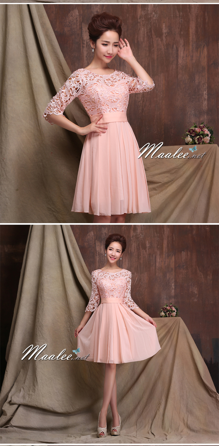 พร้อมเช่า ชุดราตรีสั้น สีชมพู แขนสามส่วน ลูกไม้ฉลุ กระโปรงผ้าชีฟอง