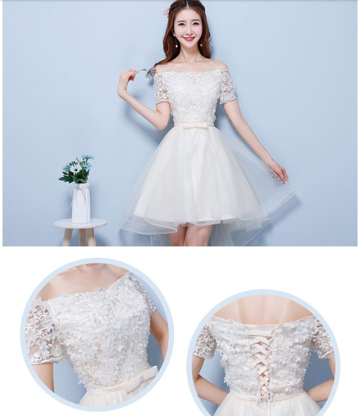 พร้อมเช่า เดรสขาว พรีเวดดิ้ง สวยหวาน กระโปรงตาข่าย ตัวชุดลูกไม้&แต่งโบว์ช่วงเอว (ซิปหลัง)