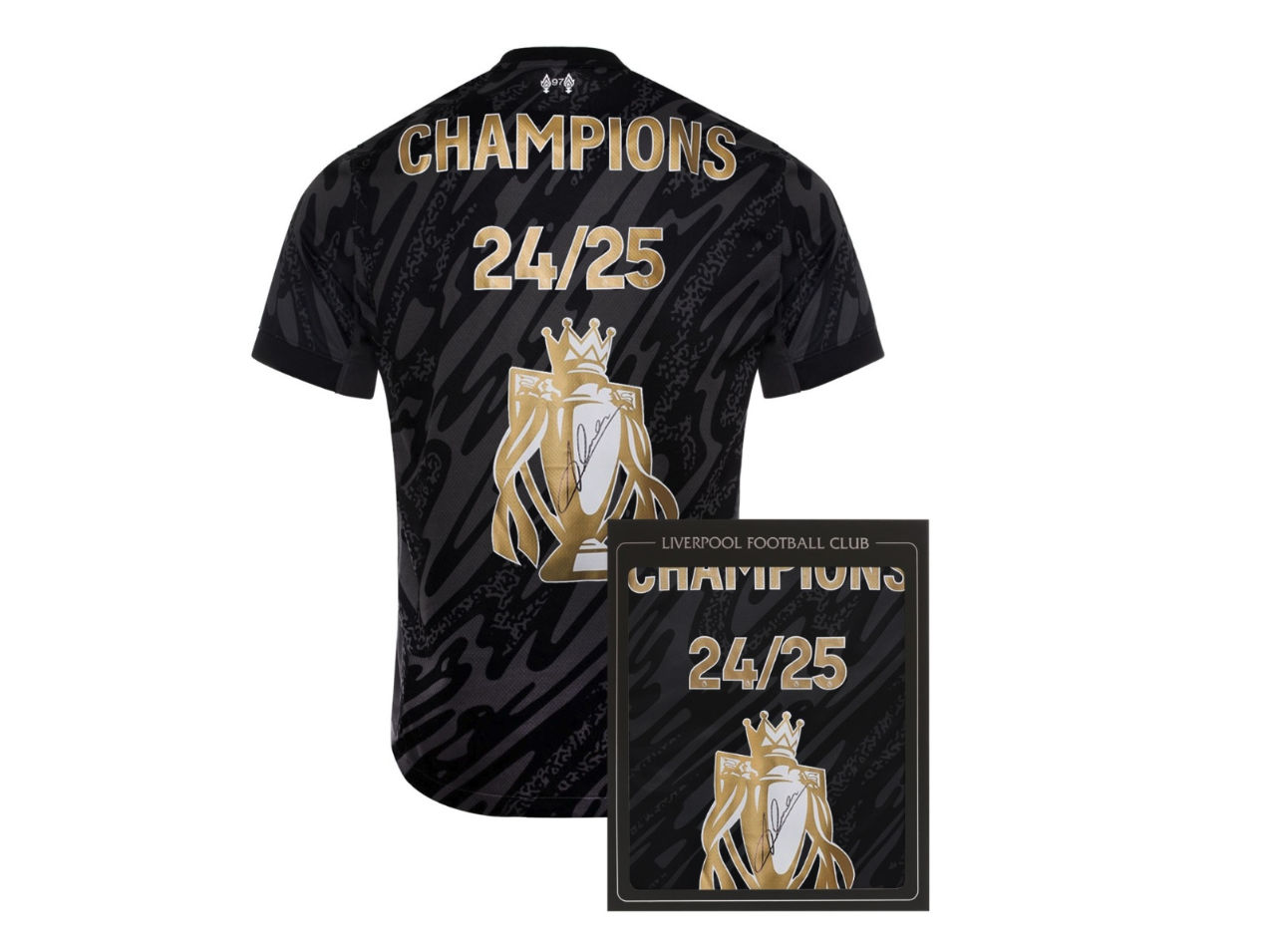 เสื้อลิเวอร์พูลแชมป์พรีเมียร์ลีก 2024/25 มีลายเซ็นต์ Alisson นักเตะลิเวอร์พูล ด้านหลังติด CHAMPIONS 24/25 พร้อมกล่องของแท้