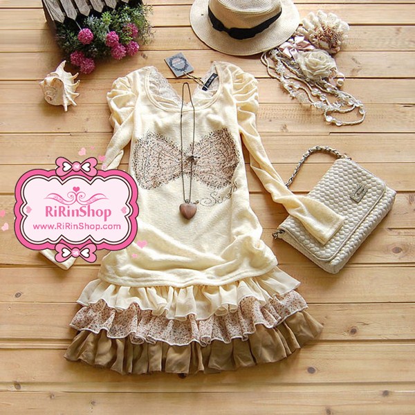 ชุดเดรส Set 2 ชิ้น เสื้อลูกไม้แขนยาวแต่งโบว์ ชายกระโปรงระบาย (พร้อมสร้อยคอ)