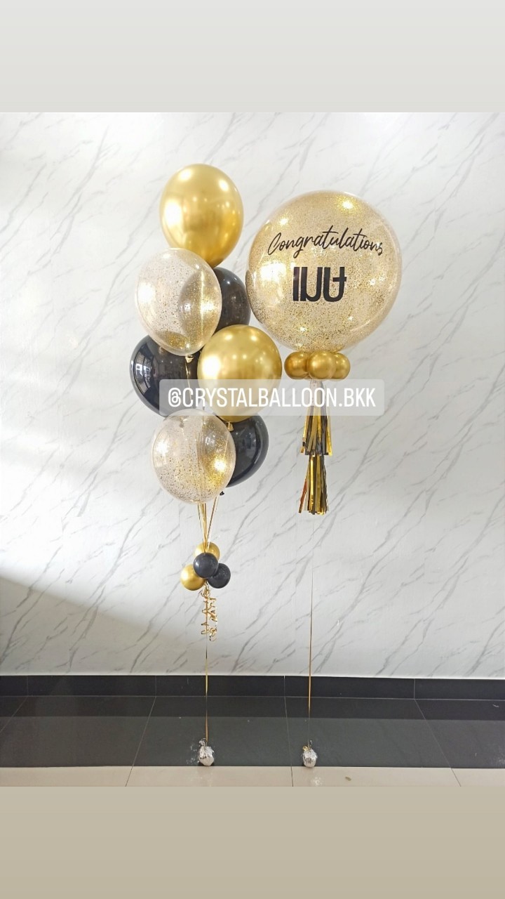 ลูกโป่ง รับปริญญา Bubble ขนาด 24" Theme ทอง-ดำ พร้อม ช่อลูกโป่งโครเมี่ยม ช่อ 7 ลูก 1 ช่อ,ลูกโป่งใส ใส่กลิตเตอร์ พร้อมตกเเต่ง สามารถเปลี่ยนสีลูกโป่ง/เปลี่ยนข้อความ/เปลี่ยนขนาดได้