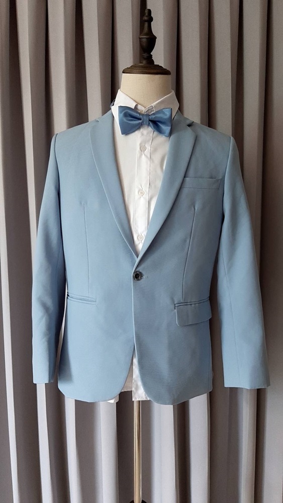 พร้อมเช่า สูทสีฟ้าพาสเทล Dusty Blue สูทเพื่อนเจ้าบ่าว ไม่มีเสื้อกั๊ก