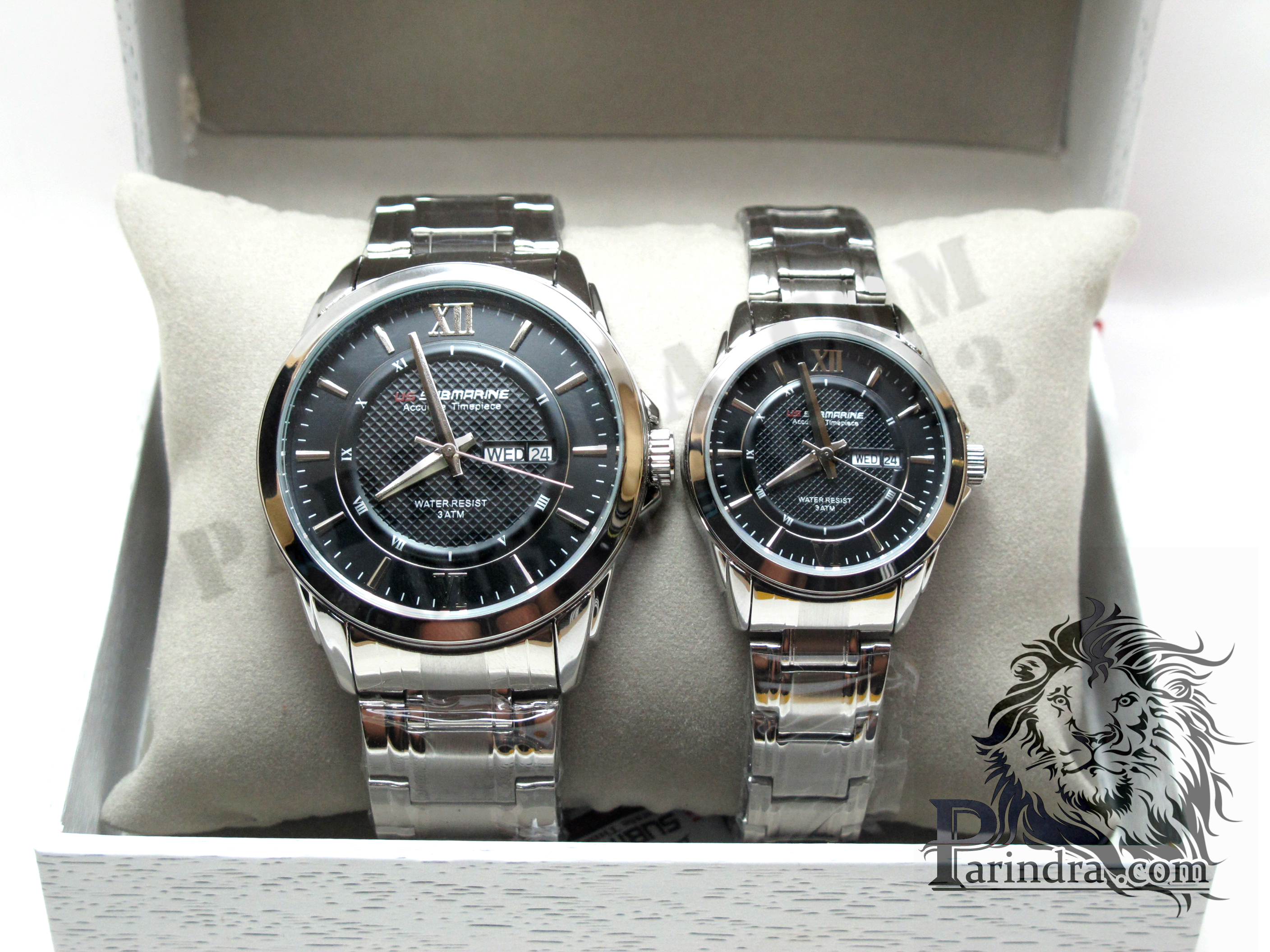 นาฬิกาคู่ US submarine รุ่น J099DD ของแท้ 100% ตัว Accuratc Timcpiece สีเงินหน้าปัดดำเข็มสีPINK GOLD