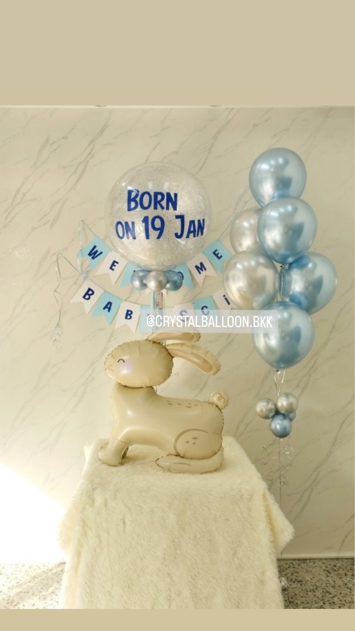 ลูกโป่ง Welcome Baby Bubble ขนาด 24" กลิตเตอร์สีเงิน 1 ลูก พร้อม ป้ายธง ตัวอักษร 14 ตัวอักษร,ฟอยล์กระต่าย ตั้งพื้น 1 ชิ้น,ช่อลูกโป่งสีโครเมี่ยม ช่อ 7 ลูก 1 ช่อ พร้อมตกแต่ง สามารถเปลี่ยนสีลูกโป่ง/เปลี่ยนข้อความ/เปลี่ยนขนาด/เปลี่ยนสี-ป้ายธงได้