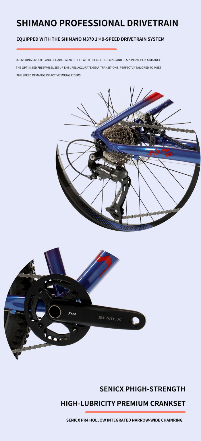 จักรยานเสือภูเขาเด็ก SUNPEED HERO 20" และ 24" อลูมิเนียมเฟรม – เกียร์ Shimano 9 สปีด + เบรกไฮดรอลิกดิสก์