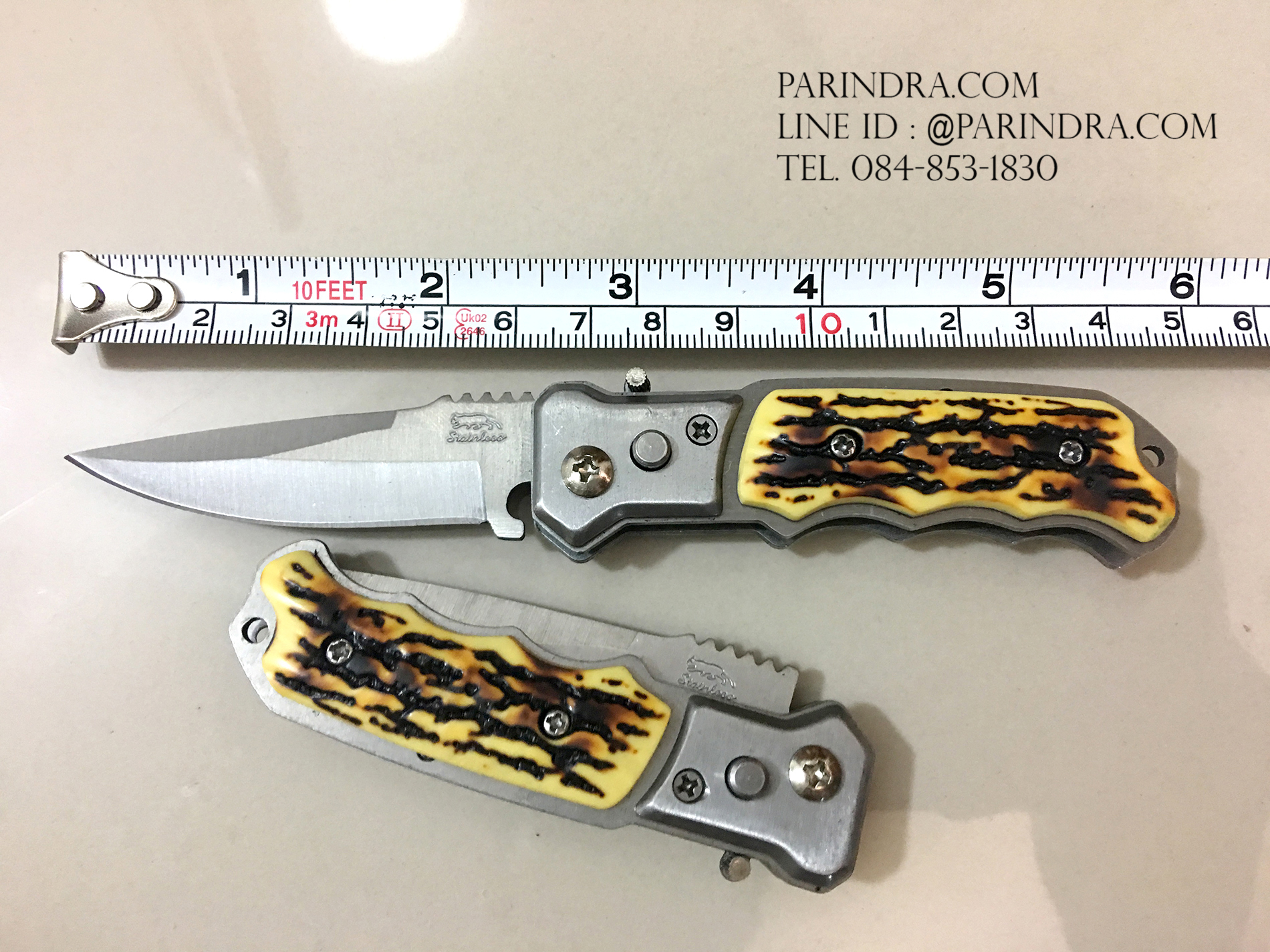 มีดพับสปริง stainless ขนาดพกพา ด้ามลายเขา