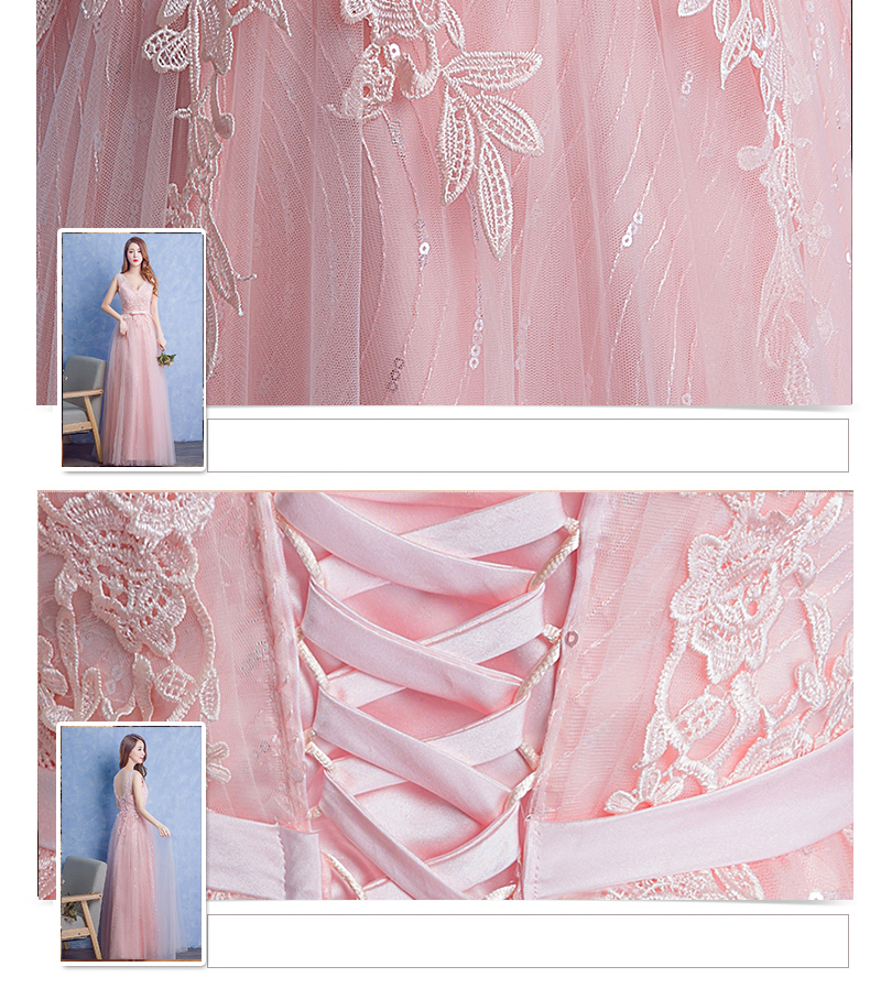 พร้อมเช่า ชุดราตรียาว แขนกุด สีชมพู แต่งลายลูกไม้ ผ้าตาข่าย ข้างในปักเลื่อมสวย