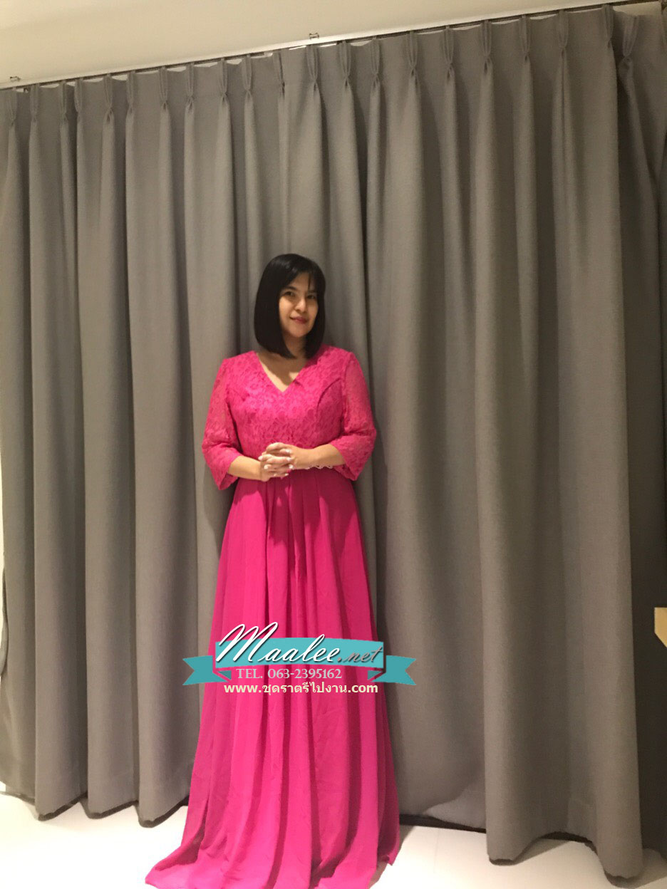 พร้อมเช่า ชุดราตรียาว สีชมพู บานเย็น ไซส์ใหญ่ แขนสามส่วน แต่งลูกไม้ กระโปรงผ้าชีฟอง เอวแต่งเพชร มีไซส์ XL - 3XL