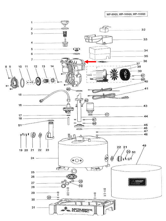 เรือนปั้ม ปั้มน้ำ มิตซู WP-105 #7 (รหัสต่อท้าย Q3, Q5, QS) Pn.H00601P13 (แท้)##
