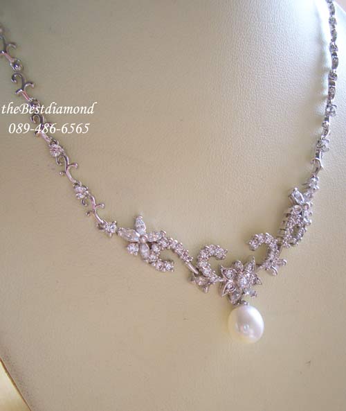===BN022RD+++สร้อยเพชร pearl in flower++ สร้อยมุกแท้ ประดับด้วยเพชร cz แบบสวย ดูไฮโซ หรูหรามากๆๆ งานสวย Perfect ลงตัว เพชรสวย มุกงามมากค่ะ