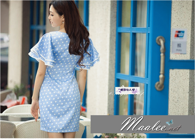 พร้อมส่ง ชุดเดรสสั้น แซก ลายจุด Polka dot สีฟ้า-ขาว แขนย้วย ผ้ามันนิดๆ