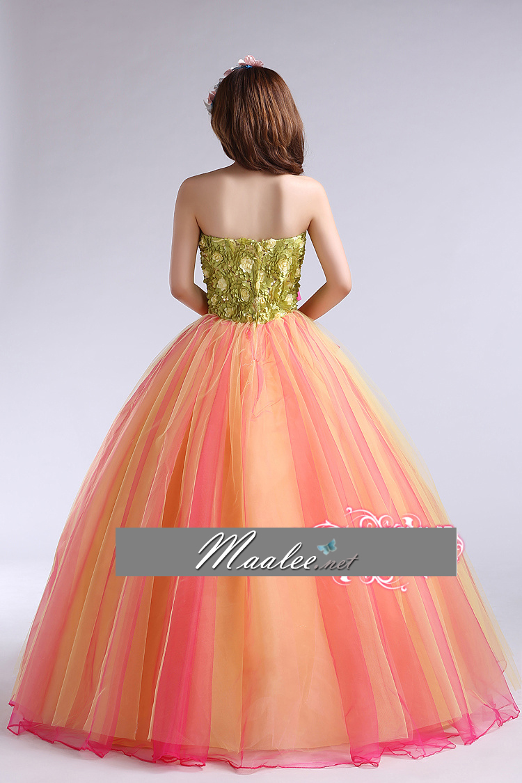 พร้อมเช่า ชุดแฟนซี ชุดราตรี เกาะอก สีส้ม แต่งลูกไม้ 3D สีเขียว (เชือกผูกหลัง)