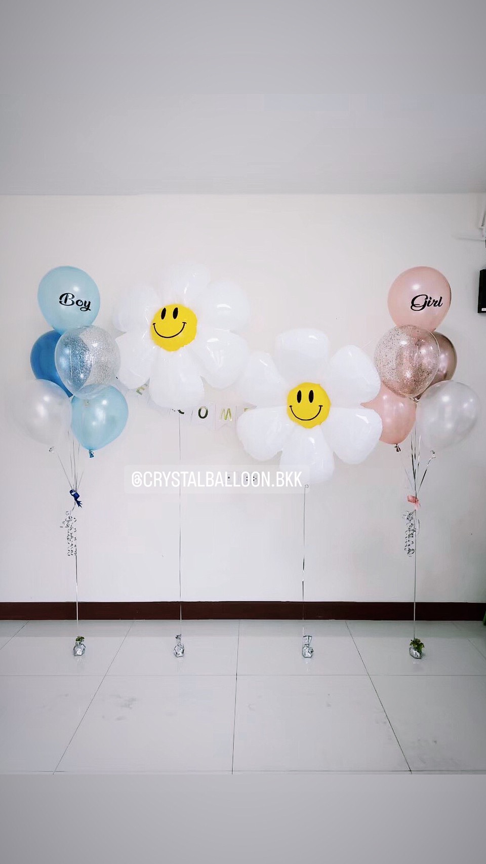 ลูกโป่ง Welcome Baby Theme ฟอยล์ดอกเดซี่ 2 ดอก พร้อม ป้ายธง 11 ตัวอักษร พร้อมตกแต่ง ช่อลูกโป่ง 5 ลูก 2 ช่อ,ลูกโป่งใส ใส่กลิตเตอร์ สามารถเปลี่ยนสีลูกโป่ง/เปลี่ยนข้อความ/เปลี่ยนสี-ป้ายธง/เปลี่ยนฟอยล์ตกแต่งได้
