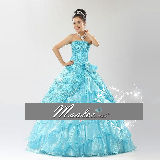 พร้อมเช่า ชุดแฟนซี ชุดราตรียาว เกาะอก สีโอโรส ผ้าแก้วพิมพ์ลายสวย กระโปรงแต่งระบาย