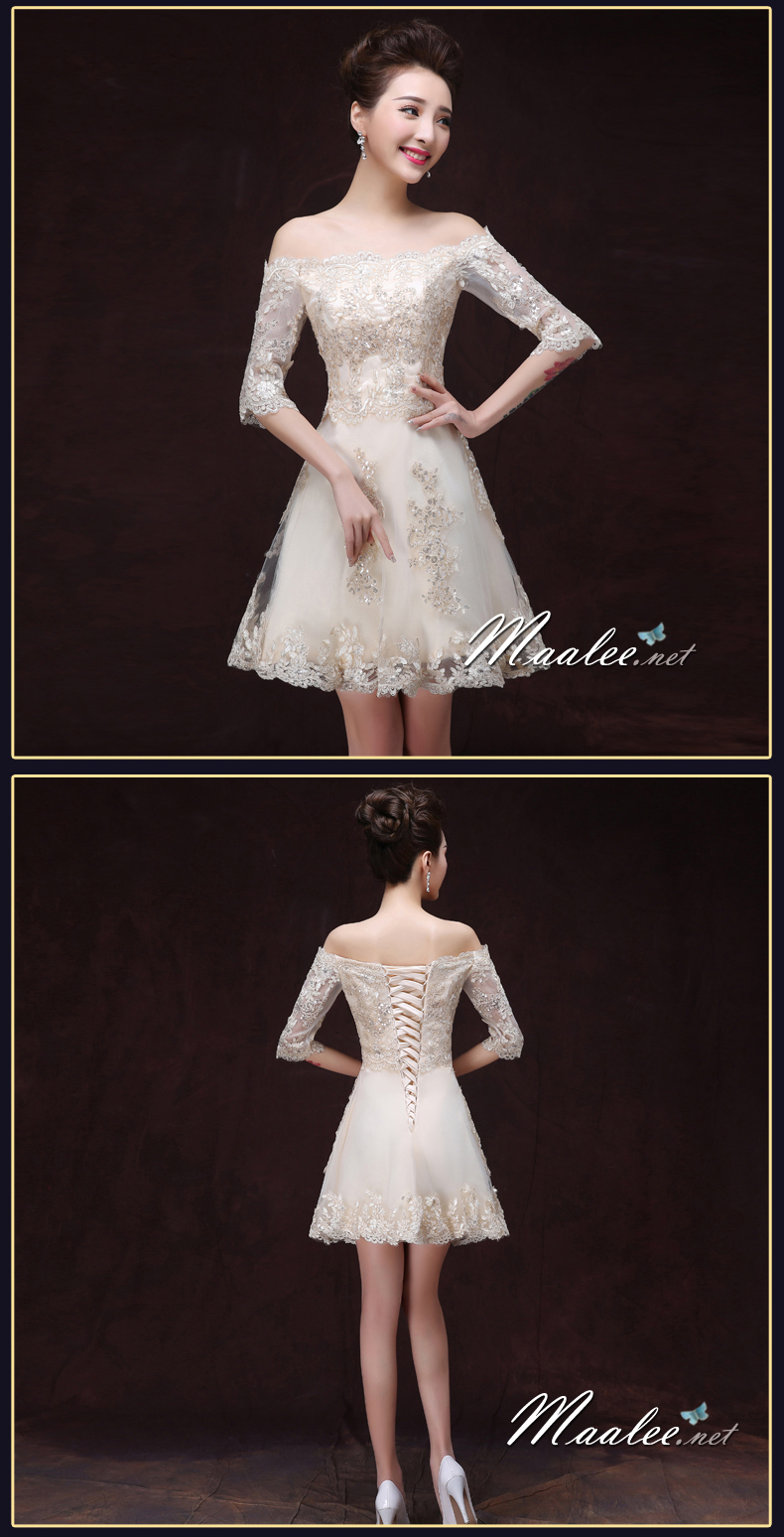 พร้อมเช่า ชุดราตรีสั้น แบบปาดไหล่ ตัวชุดลูกไม้ปักดิ้น กระโปรงตาข่าย สีครีม Champagne