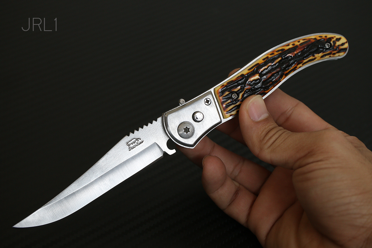 มีดพับสปริง #JRL1 STAINLESS ขนาดกลาง พกพา ด้ามลายเขาสัตว์เทียม ราคาประหยัด