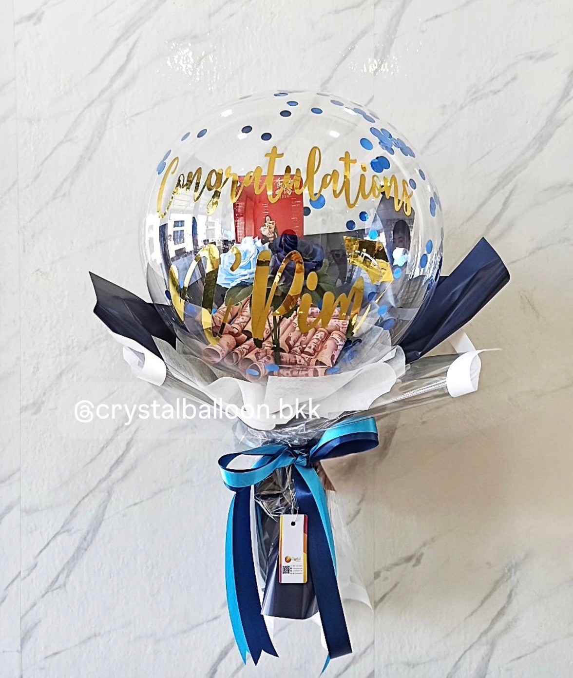 Flower Balloon แสดงความยินดี ดอกกุหลาบประดิษฐ์ Bubble ขนาด 18" พร้อมตกแต่ง สามารถใส่รูปได้ 1 ใบ,สามารถใส่เงินได้ 30 ใบ สามารถเปลี่ยนข้อความ/เปลี่ยนสีได้