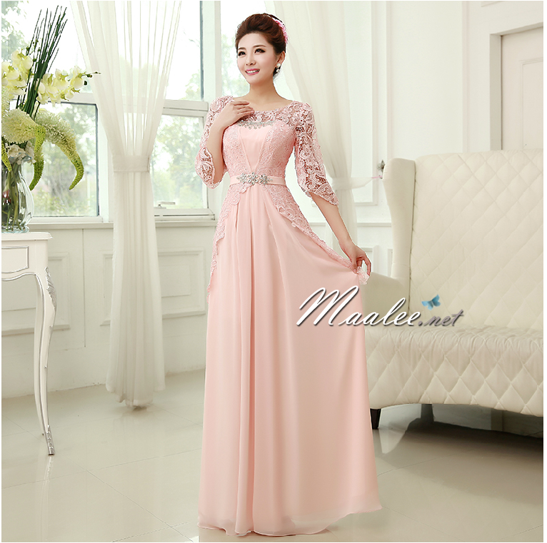 พร้อมเช่า ชุดราตรียาว สี ฟ้าเข้ม แขนสามส่วน แต่งลูกไม้ จับเดรปทรงนาฬิกาทราย (L-3XL)