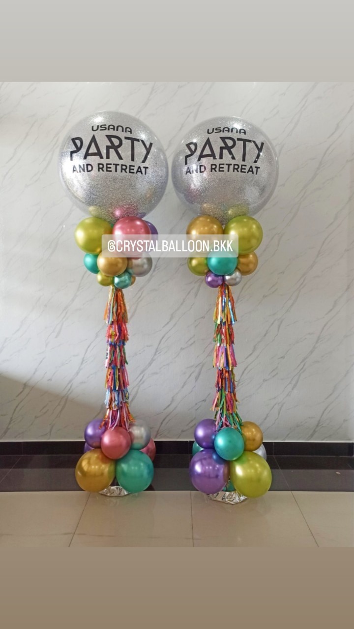 เสาลูกโป่ง เปิดงาน Bubble ขนาด 36" กลิตเตอร์สีเงิน 2 เสา พร้อมตกแต่ง สามารถเปลี่ยนสีลูกโป่ง/เปลี่ยนข้อความได้
