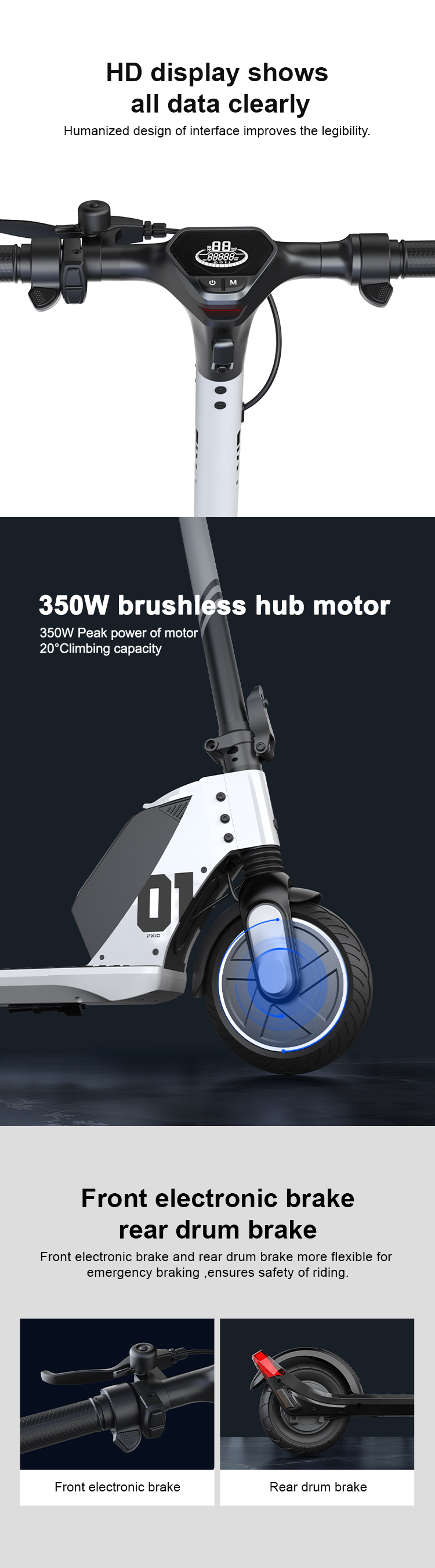 สกู๊ตเตอร์ไฟฟ้า PXID URBAN-P1 New Design Two Wheel Offroad E Scooter 350W Dual Motor Electric Scooter 2023