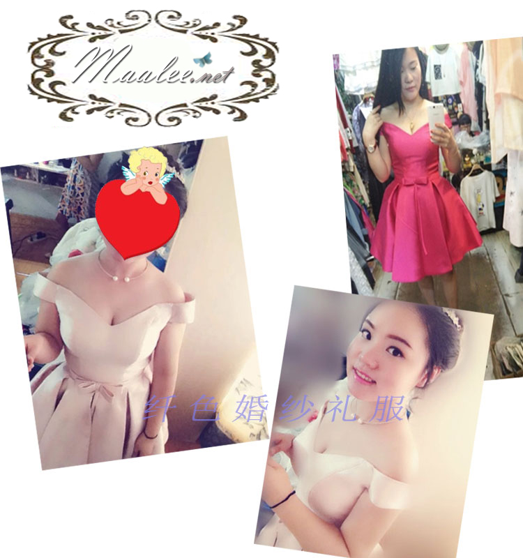 พร้อมส่ง ชุดราตรีสั้น แบบปาดไหล่ ผ้าซาตินเรียบหรู กระโปรงทรงA แต่งโบว์2ชั้น ช่วงเอว สีชมพู Hot pink (เชือกผูกหลัง)