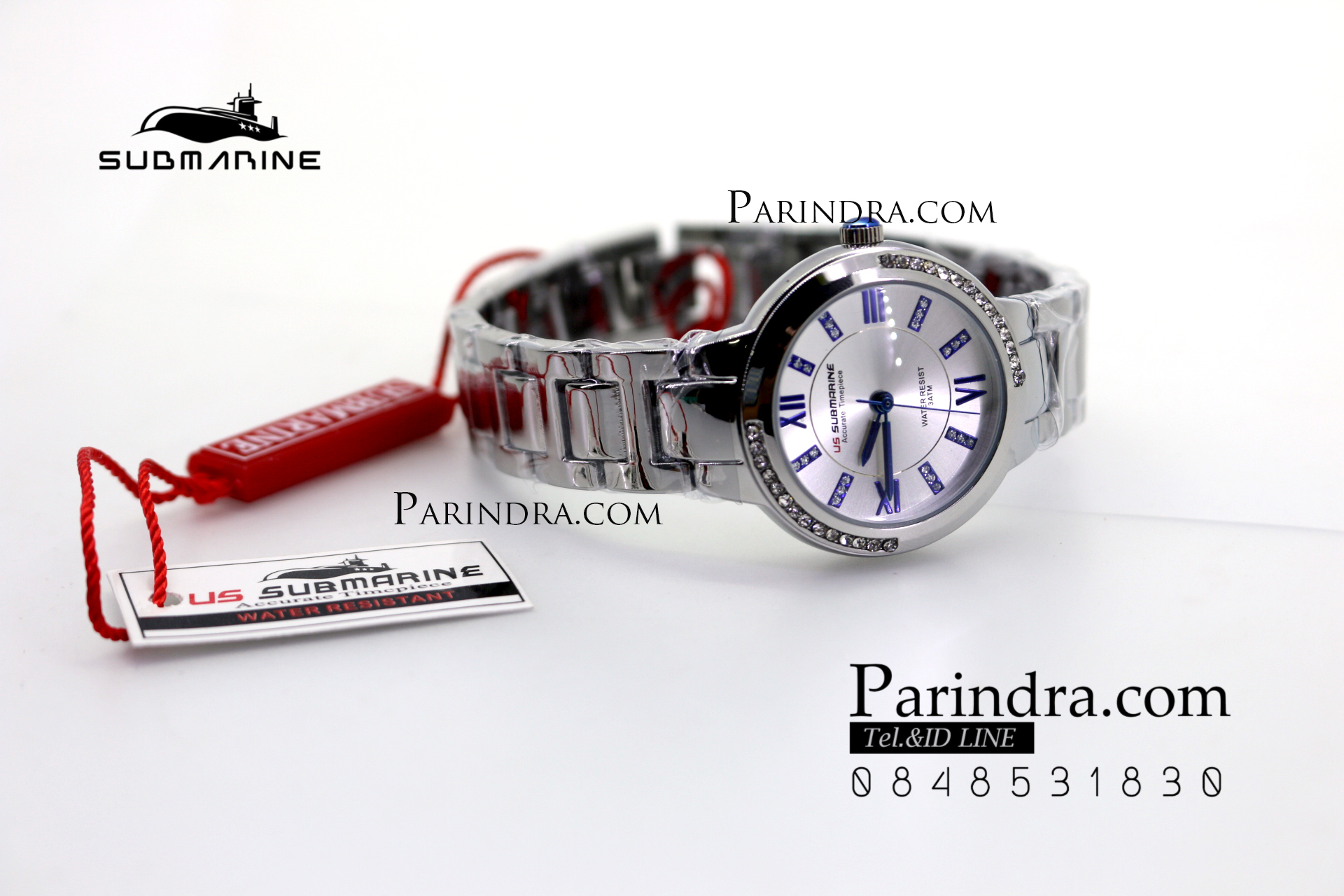 นาฬิกา US submarine รุ่น J120L กรอบหน้าปัดคริตตัล หน้าปัดสีขาวตัวเลขน้ำเงิน สายสแตนเลสสีเงินเงา