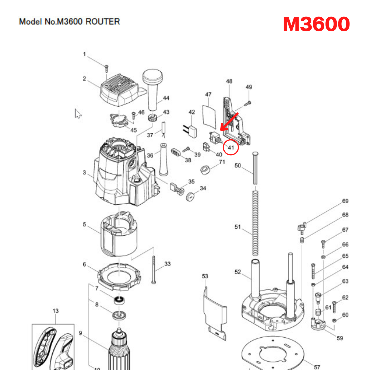 สวิทช์ เราท์เตอร์ Makita M3600, M3600B [#41] Pn.651066-9 (แท้) ##