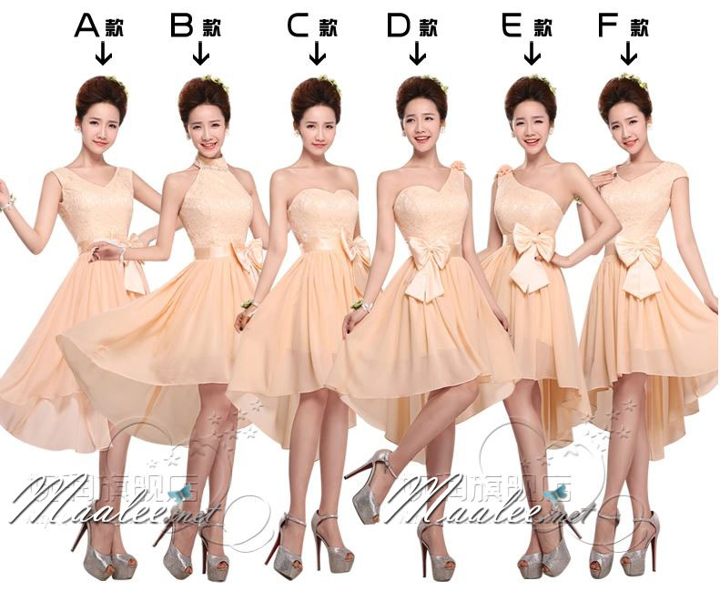 พร้อมส่ง ชุดราตรีสั้น ชุดเพื่อนเจ้าสาว สีครีมไข่ แบบ F แขนกุด หน้าสั้นหลังยาว แต่งลูกไม้ช่วงอก คาดโบว์ที่เอว (ซิปหลัง) สำเนา