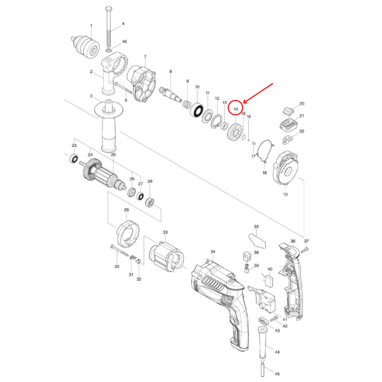 เฟือง สว่านกระแทก Makita มากีต้า M8100, M8100B [#14] Pn. 226589-2 (แท้)##(*)