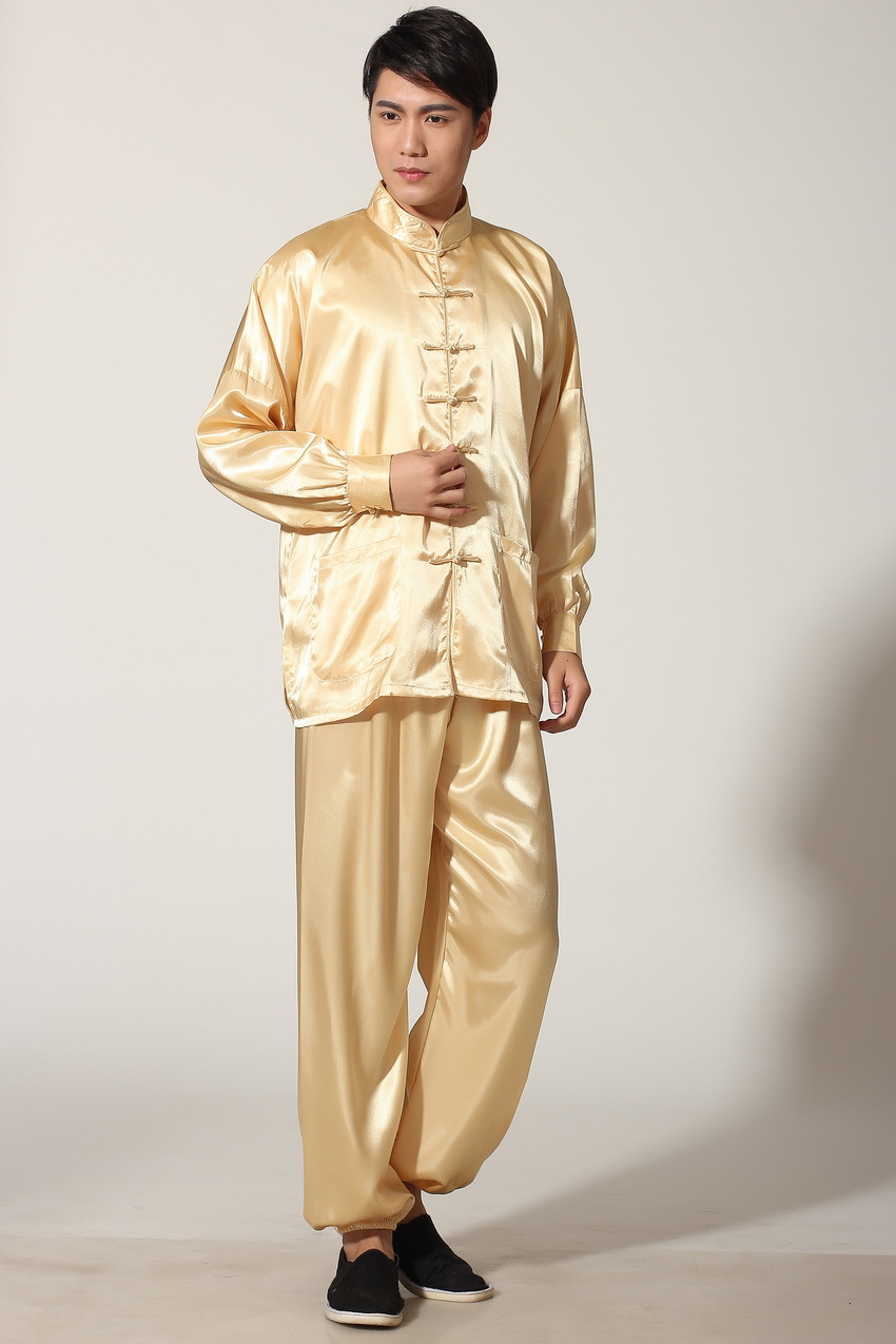 Pre-order ชุดจีนชาย แขนยาวผ้าแพร สีทอง